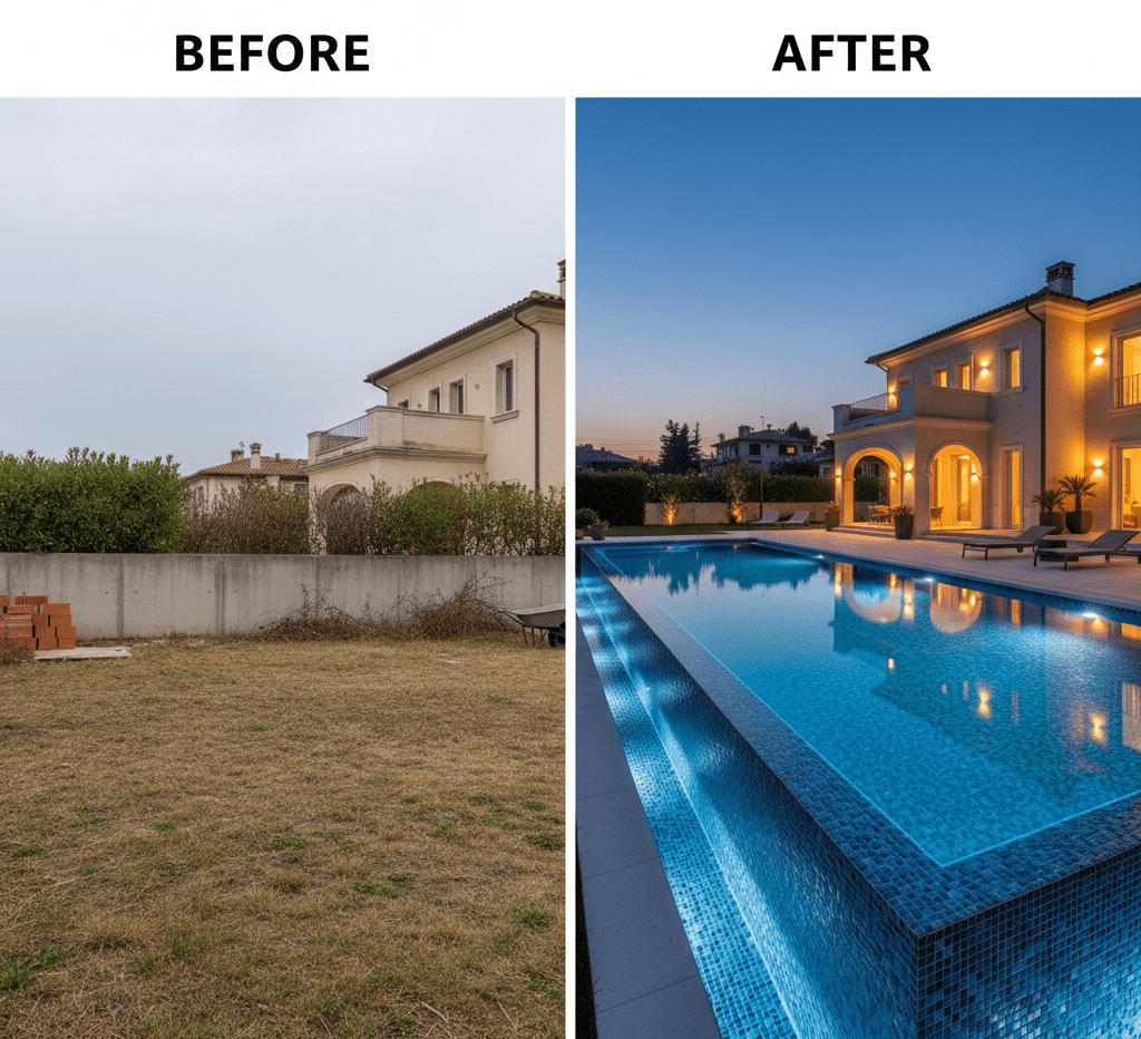 Before and after pool construction by Green Creation