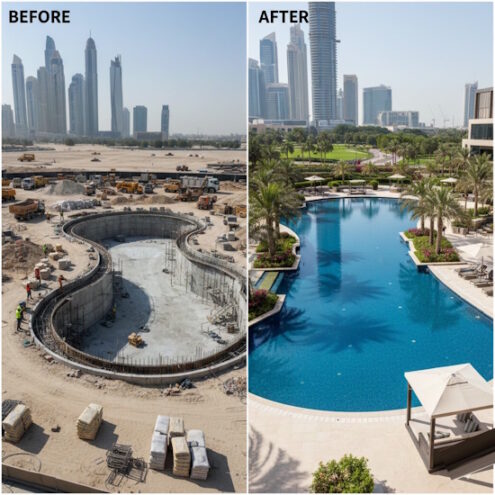 Before and after pool construction by Green Creation